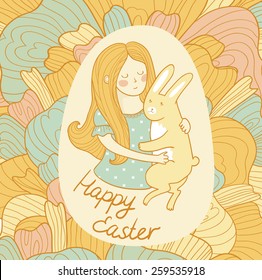 Cute easter card with rabbit and girl in love. Vector invitation. 