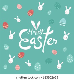 Cute Easter card with rabbits and eggs on pastel green background