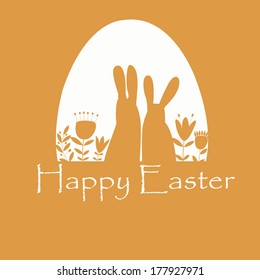 Cute easter card with rabbits and flowers