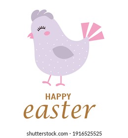 cute easter card in scandinavian style, colored chicken with text isolated on white background