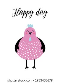 cute easter card in scandinavian style, colored chicken with text isolated on white background