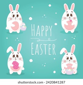 Cute Easter card with set of rabbits and basket of eggs Vector illustration