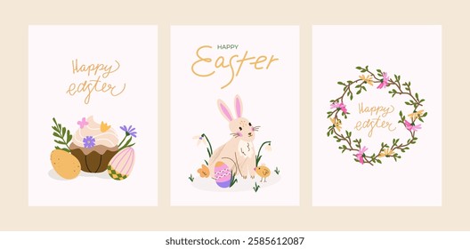 Cute Easter card set. Trendy greeting cards with traditional pastry, cupcake, bunny, chick, dyed eggs, snowdrop. Pastel and elegant vector illustration with hand drawn calligraphy