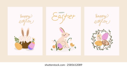 Cute Easter card set. Trendy greeting cards with traditional pastry, kulich, bunny, chick, DIY dyed eggs, wreath. Pastel and elegant vector illustration with hand drawn calligraphy