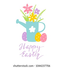 Cute easter card with spring flowers, colored eggs and inscription