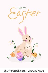 Cute Easter card. Trendy greeting card with bunny, chick, snowdrop and DIY dyed egg. Pastel and elegant vector design with hand drawn calligraphy