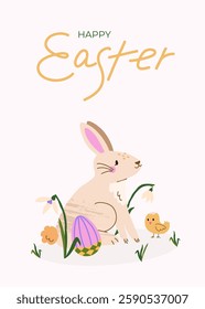Cute Easter card. Trendy greeting card with bunny, chick, snowdrop and DIY dyed egg. Pastel and elegant vector design with hand drawn calligraphy