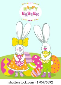 Cute Easter card with two adorable bunny