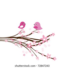 Cute easter card with two birds on the cherry tree