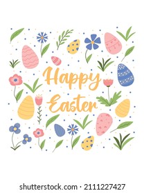 Cute Easter card. Vector illustration. Easter card with Easter eggs and flowers. Hand drawn postcard.