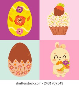 Cute Easter card. Vector illustration. Spring collection of cute bunny, flowers and sweets. For poster, card, scrapbooking , stickers