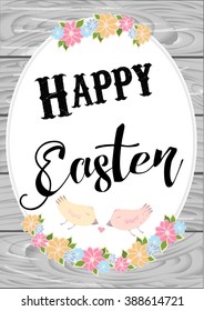 Cute easter card with wishes Happy Easter! Wooden background