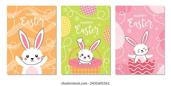 Cute Easter cards or posters collection. Spring set of easter flat bunny. Vector illustration with rabbit for poster, card, scrapbooking, stickers. 