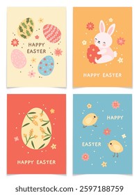 Cute Easter Cards Set with Bunny, Chicks and Eggs.