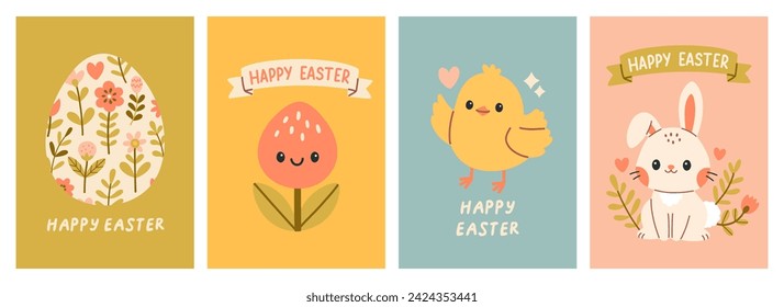 Cute Easter cards set. Spring collection of animals, flowers and decorations. For poster, card, scrapbooking , stickers