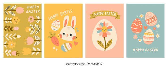 Cute Easter cards set. Spring collection of animals, flowers and decorations. For poster, card, scrapbooking , stickers