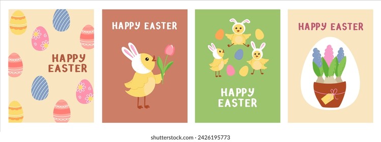 Cute Easter cards set. Spring characters and elements on a colored background. Funny chickens, Easter eggs, spring flowers in cartoon style.