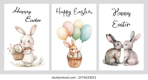 Cute Easter cards with watercolor rabbits. Rabbit with a basket of flowers, on a balloon and kissing rabbits. Happy Easter. Watercolor Easter symbols.