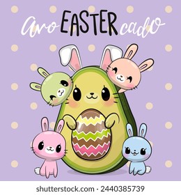 Cute Easter Cartoon Avocado with egg pit and four rabbits