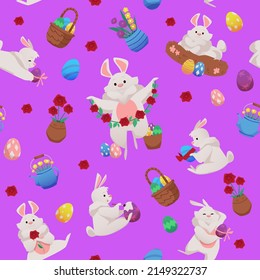 Cute Easter caricaturas de conejitos aislados en un fondo rosa brillante. Patrón sin foco con varios conejillos, huevos pintados de Pascua, guirnaldas florales en ilustración vectorial plana.