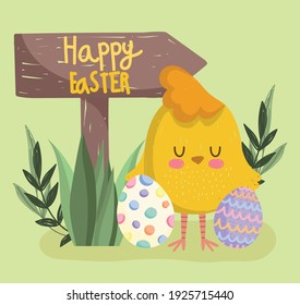 cute easter cartoon chicken with eggs and arrow sign vector illustration