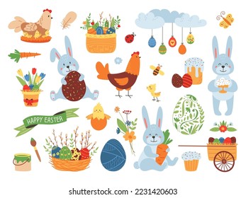 Cute easter cartoon elements. Garden animal, spring flowers decorations. Flat bunny and chicken, infant present seasonal festive classy vector kit