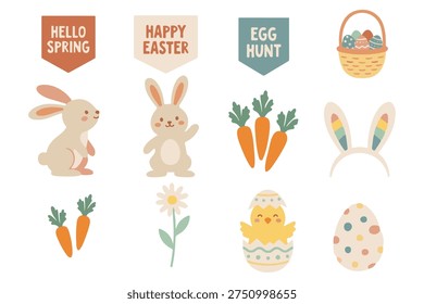 Cute Easter Celebration Kit, Flat Vector Bunny Eggs and Spring Holiday Decorations