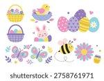 Cute Easter Celebration Set with Bunny, Chick in Nest, Decorated Eggs, and Flowers