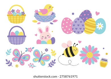 Cute Easter Celebration Set with Bunny, Chick in Nest, Decorated Eggs, and Flowers