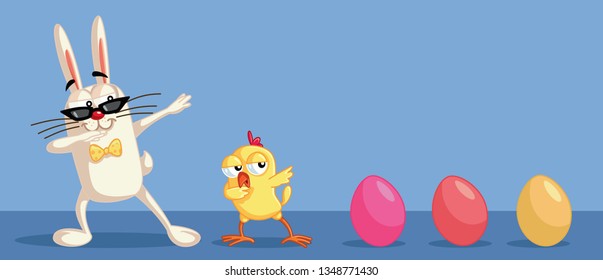 Cute Easter Characters Dabbing Having Fun. Funny cute characters celebrating spring holidays with a dance
