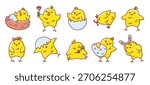 Cute Easter chick and baby chicken cartoon character. Funny yellow bird with egg and flower, rabbit mask for holiday and celebration. Happy Easter animals vector isolated set.