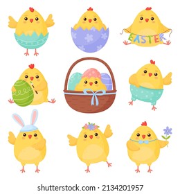 Cute easter chick cartoon character set, Adorable little chick in different situations.