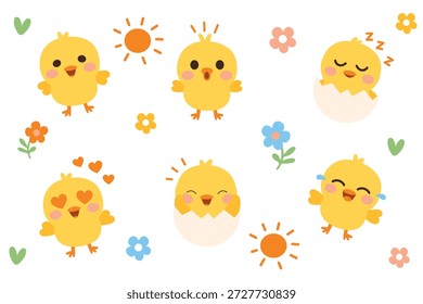 Emojis bonitos personagens de filhote de Páscoa definidos no estilo vetor plano Ilustração adorável de filhotes de bebê para design primavera de Páscoa Filhotes amarelos bonitos com emoções ilustração vetor plana