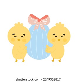 Cute Easter chick charactes holding easter egg with bow for kids illustration, design element for spring themed invitations or gift cards in cartoon style