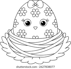 Easter ovo de pinto bonito no ninho com flores colorir página ilustração