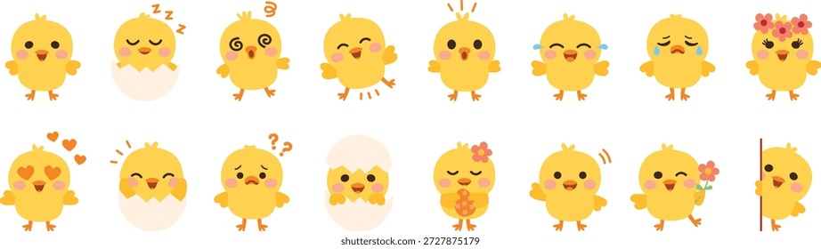 Emoções elegantes do filhote de Páscoa definido no estilo vetor plano Personagens adoráveis do filhote do bebê com ilustração do vetor das emoções Coleção de emoções amarelas do filhote bonito no estilo vetor plano