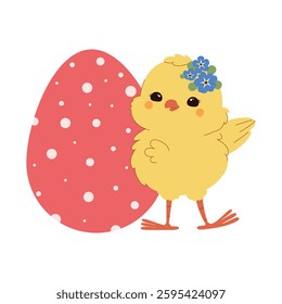 Cute Easter chick with a floral wreath standing next to a big red polka-dotted egg. Adorable spring holiday illustration for greeting cards, decorations, and festive designs.