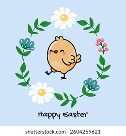 Cute Easter chick in floral wreath illustration for card with "Happy Easter" text. Perfect for greeting cards, kids, holiday and cute spring background.