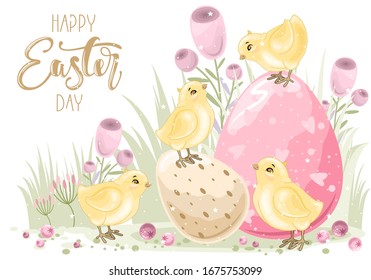 Cute Easter Chick with a hand-drawn phrase "Happy Easter Day". Easter eggs, branches with leaves and flowers. Calligraphy brush for invitation and greeting card.

