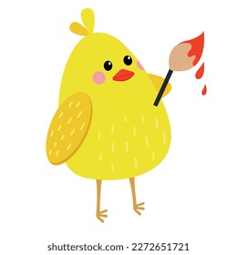 A cute Easter chick is holding a paintbrush. Vector illustration of a yellow chicken. cute simple hand drawn pattern
