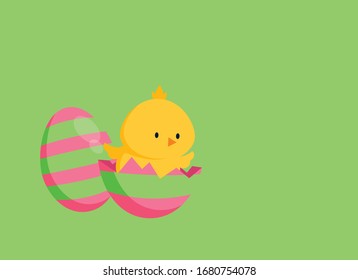 Cute easter chick with painted eggs vector. Easter greeting card with copy space for text. Pink and green easter eggs vector. Cute easter chick cartoon character. Baby adorable chicken vector