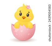 Cute easter chick in pink egg shell. Baby chick with flowers for spring easter holidays. Newly-born bird peeking from quail egg. Isolated vector illustration, clip art. 