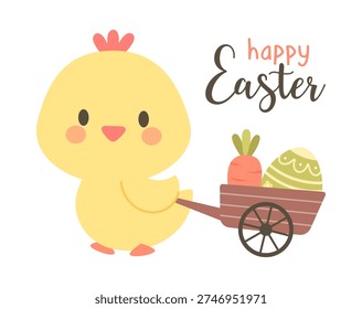 Cute easter chick pulling wheelbarrow with carrot and egg. Happy Easter lettering. Adorable spring flat vector illustration for nursery print, greeting card, baby design and holiday decoration.