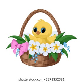 Cute Easter chick sits in a basket of flowers. Vector cartoon easter illustration for cards, banners, posters and other design. Isolated on white background. Stock vector