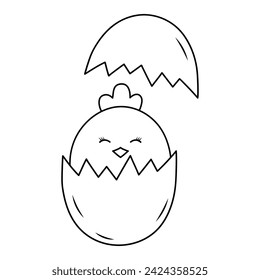 Cute Easter chick sits in cracked egg. Doodle chubby chicken. Vector linear illustration.