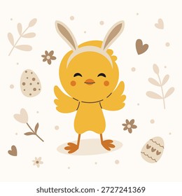 Lindo pollito de Pascua con orejas de conejo en colores pastel suaves, feliz ilustración de vacaciones de primavera con huevos, flores y corazones, diseño de personajes de dibujos animados dulces para tarjetas de felicitación, impresiones, carteles