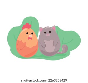 Cute Easter chicken and cat on white background