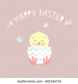 Cute Easter chicken in egg shell, Vector illustration