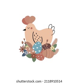  Cute Easter chicken with Easter eggs, flowers. Easter concept. vector illustration
