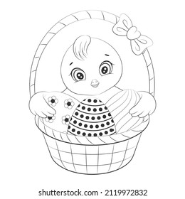 Cute Easter chicken with eggs. Happy Easter. Fun character. Cartoon style. Coloring book. Vector illustration. Isolated on white. Monochrome image.